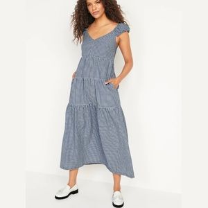 Old Navy Women's Blue Gingham Fit & Flare Tiered Seersucker All-Day Maxi Dress